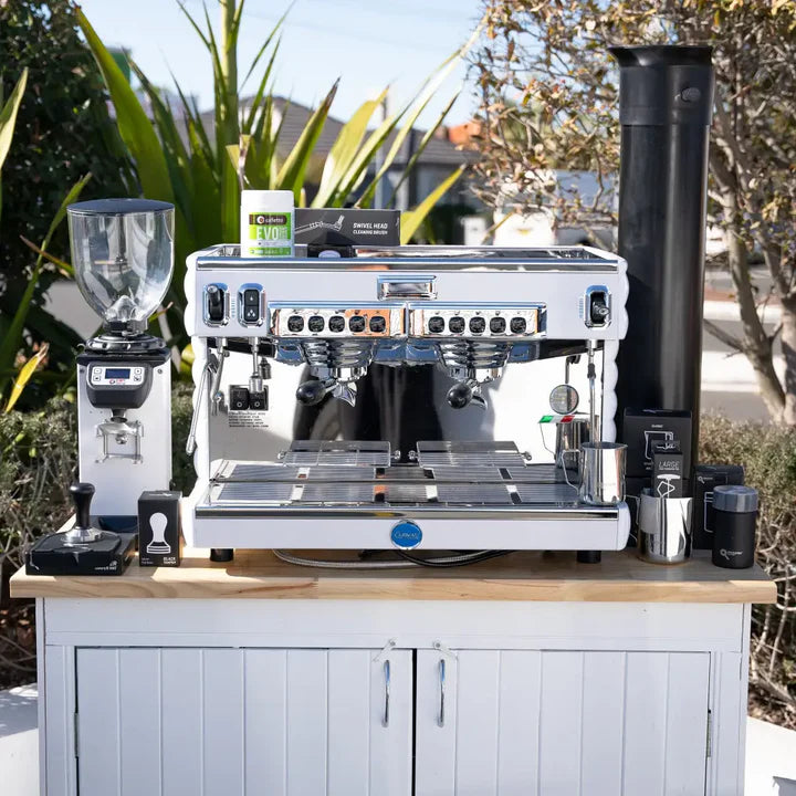 Carimali Bubble, DIP DKS-65 Grinder in White with the NEW Provincial White Wood Coffee Cart & Precision Accessories