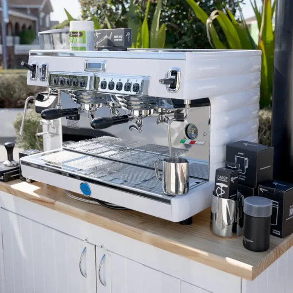 Carimali Bubble, DIP DKS-65 Grinder in White with the NEW Provincial White Wood Coffee Cart & Precision Accessories