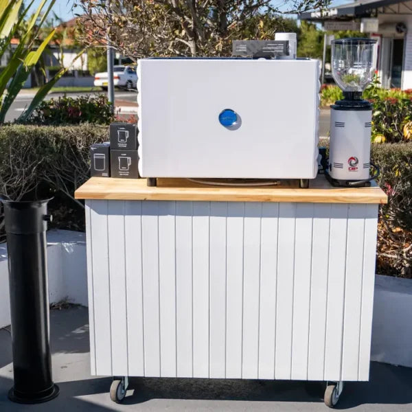 Carimali Bubble, DIP DKS-65 Grinder in White with the NEW Provincial White Wood Coffee Cart & Precision Accessories