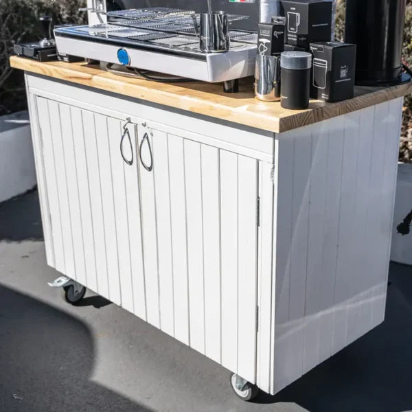 Carimali Bubble, DIP DKS-65 Grinder in White with the NEW Provincial White Wood Coffee Cart & Precision Accessories