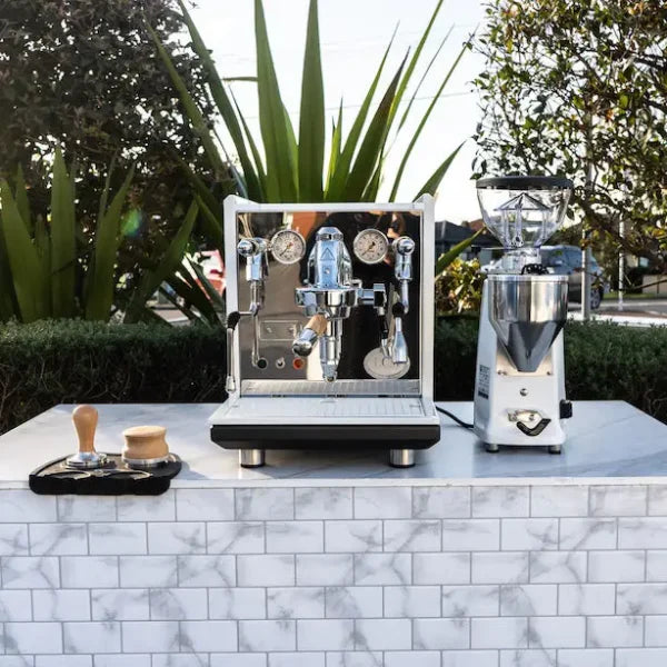 CUSTOM GLOSS WHITE ECM SYNCHRONIKA WITH MAZZER MINI IN WHIITE & WOODEN ECM HANDLES + PRECISION ACCESSORIES