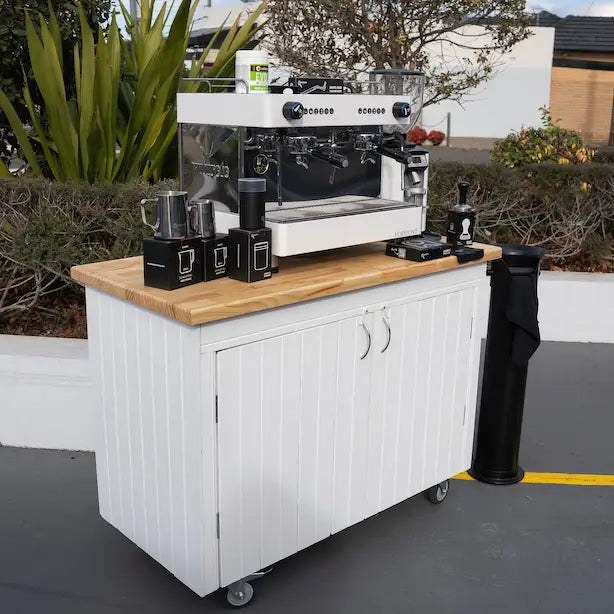 Futurete Horizont, DIP DS-68 Grinder with the NEW Provincial White Wood Coffee Cart & Precision Accessories In White